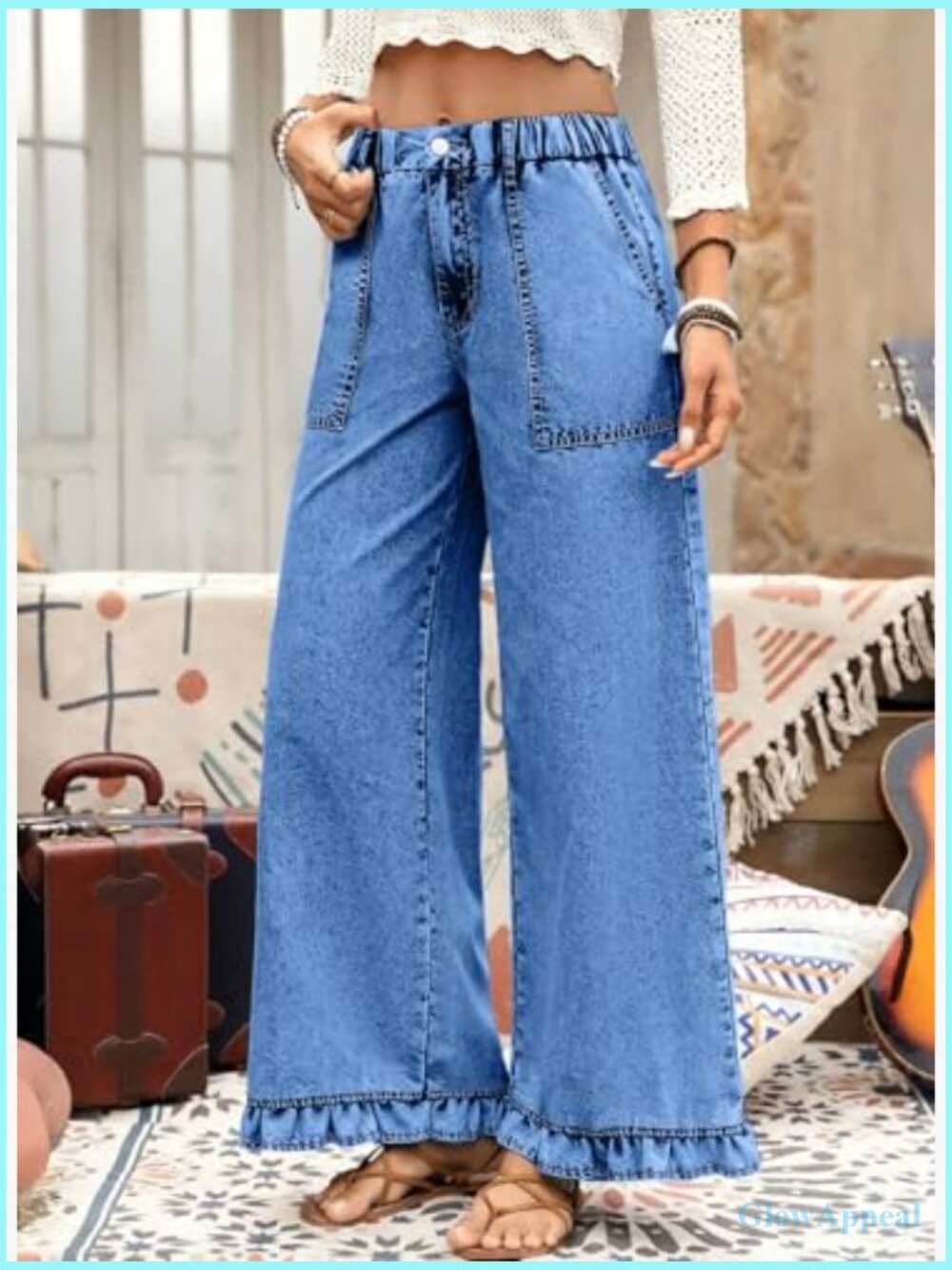 Wide Leg Stretch Denim Jeans Ruffle Hem High Waisted Baggy - Picture 2 of 7